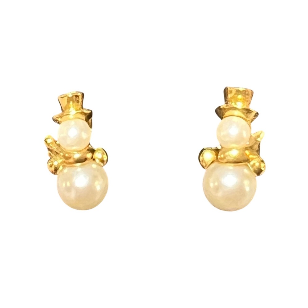 Vintage 90s Faux Pearl Snowman Stud Earrings Gold Tone Christmas Holiday